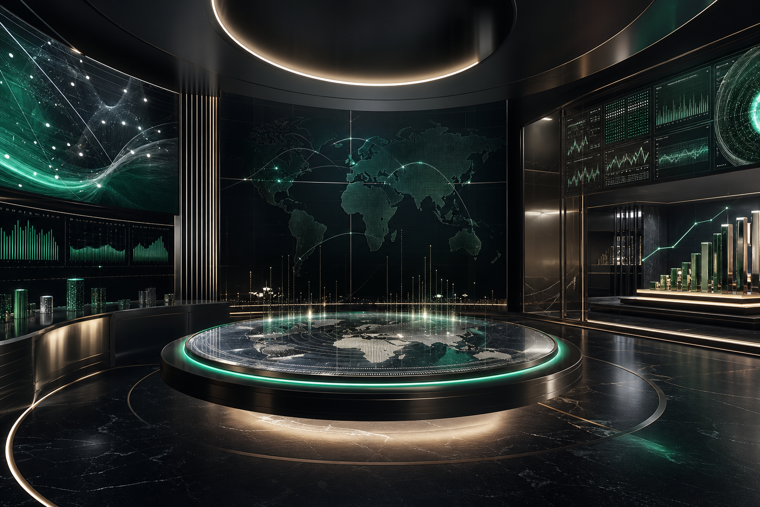Command-center visualization of global performance and analytics dashboards